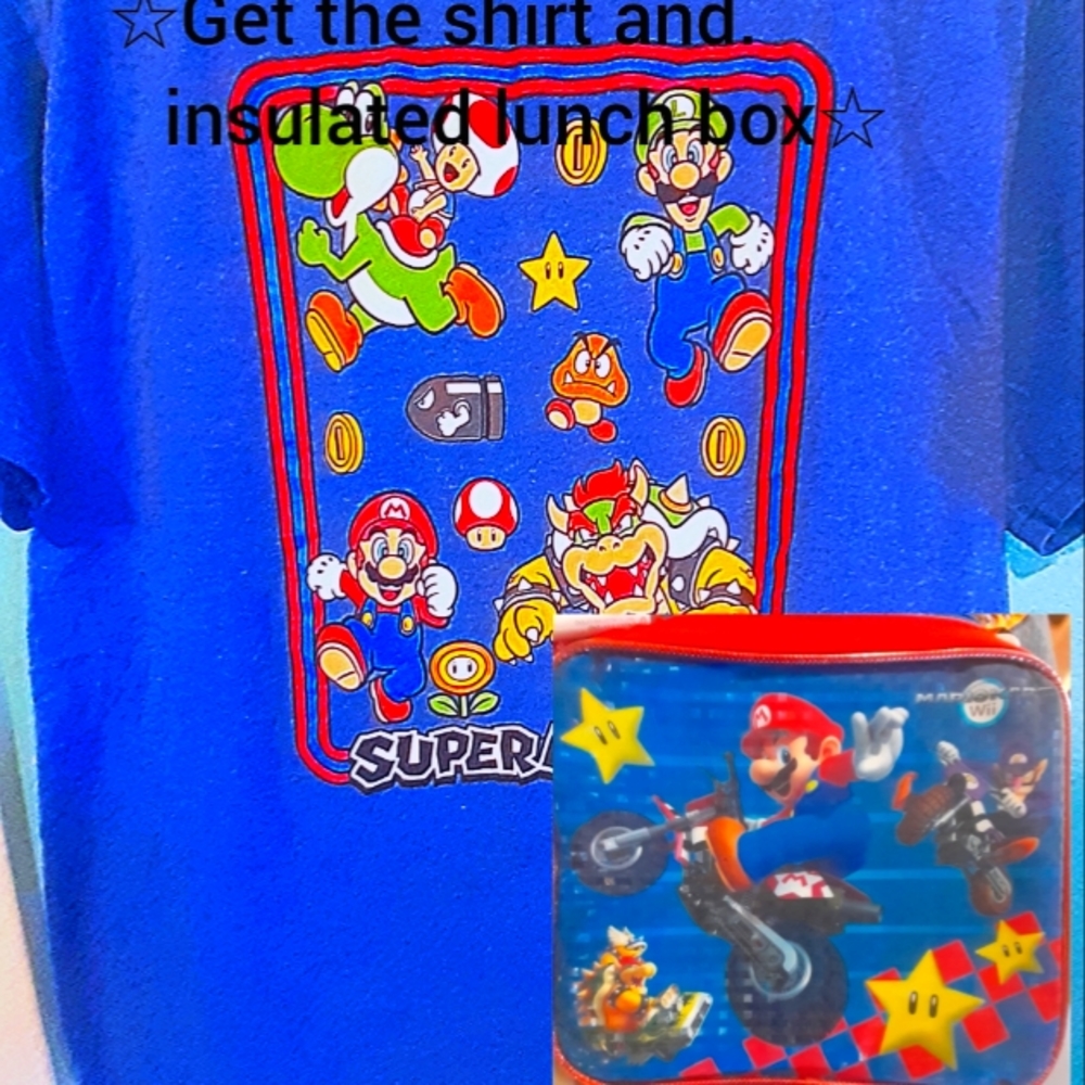 Super Mario t-shirt size XL boys. 14/16. Like New and a Mario Wii lunch box